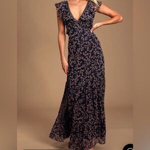 Lulus darling daydream navy blue floral print ruffled mini dress - m